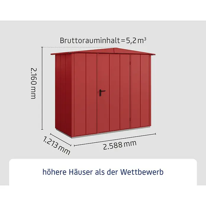 EcoStar Gerätehaus Elegant-S Typ 1 - Außenbreite inkl. Dachüberstand: 258,8 cm, Außentiefe inkl. Dachüberstand: 121,3 cm, Purpurrot, Einzeltür - Abbildung eines roten Gerätehauses mit Größenangaben und einem Bruttorauminhalt von 5,2 m³.