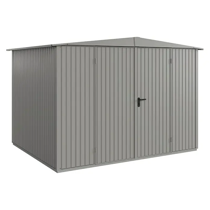 EcoStar Gerätehaus Trend-S Typ 3 - Außenbreite inkl. Dachüberstand: 323,6 cm, Außentiefe inkl. Dachüberstand: 247,7 cm, Grau, Doppeltür - Grauer Metallgartenhaus mit Doppeltür und geriffelten Wänden. Perfekt für die Lagerung von Gartengeräten und -möbeln.