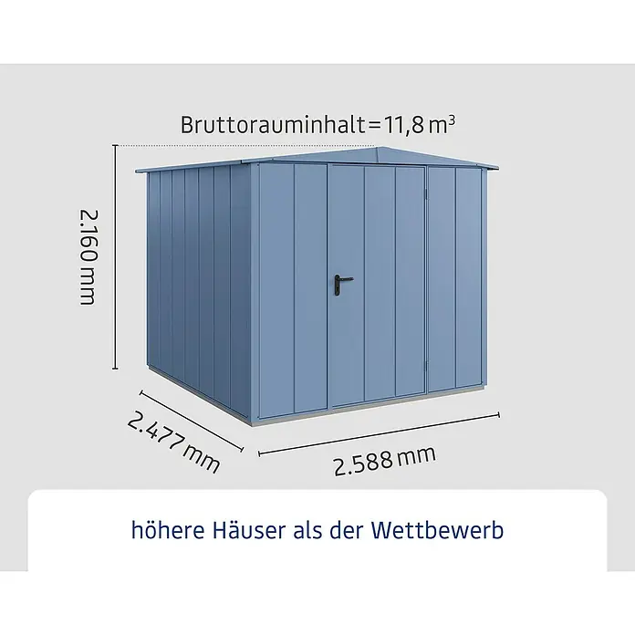 EcoStar Gerätehaus Elegant-S Typ 2 - Außenbreite inkl. Dachüberstand: 258,8 cm, Außentiefe inkl. Dachüberstand: 247,7 cm, Taubenblau, Einzeltür - Abbildung eines Gerätehauses mit den Maßen 2.160 mm Höhe, 2.477 mm Breite und 2.588 mm Tiefe, Bruttorauminhalt 11,8 m³.