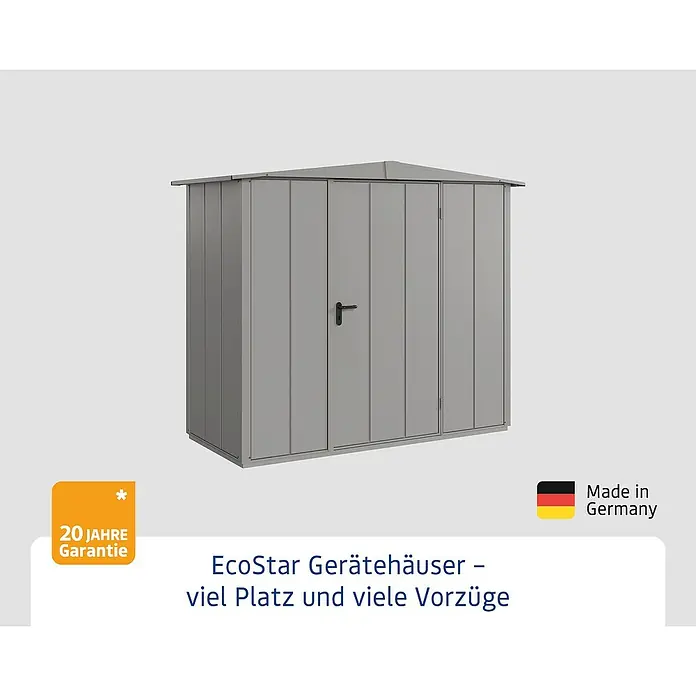 EcoStar Gerätehaus Elegant-S Typ 1 - Außenbreite inkl. Dachüberstand: 258,8 cm, Außentiefe inkl. Dachüberstand: 121,3 cm, Grau, Einzeltür - Abbildung eines grauen EcoStar Gerätehauses. Es bietet viel Platz und Vorteile für die Aufbewahrung im Außenbereich.