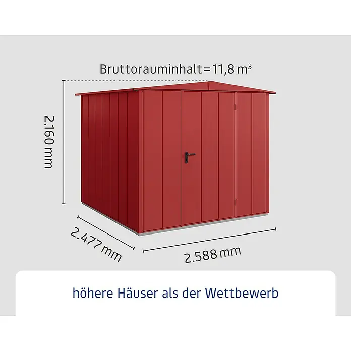 EcoStar Gerätehaus Elegant-S Typ 2 - Außenbreite inkl. Dachüberstand: 258,8 cm, Außentiefe inkl. Dachüberstand: 247,7 cm, Purpurrot, Einzeltür - Abbildung eines roten Gartenhauses mit den Maßen 2.160 mm Höhe, 2.477 mm Tiefe und 2.588 mm Breite und einem Bruttorauminhalt von 11,8 m³.