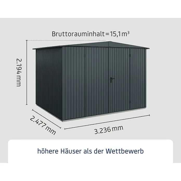 EcoStar Gerätehaus Trend-S Typ 3 - Außenbreite inkl. Dachüberstand: 323,6 cm, Außentiefe inkl. Dachüberstand: 247,7 cm, Anthrazitgrau, Doppeltür - Illustration eines Gartenhauses mit den Maßen 2.194 mm Höhe, 2.477 mm Tiefe und 3.236 mm Breite, Bruttorauminhalt 15,1 m³.