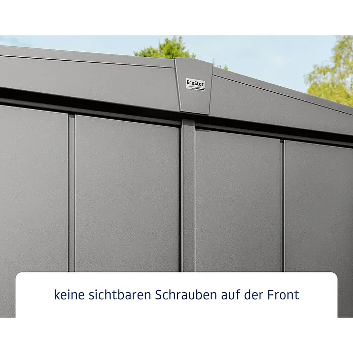 EcoStar Gerätehaus Elegant-S Typ 2 - Außenbreite inkl. Dachüberstand: 258,8 cm, Außentiefe inkl. Dachüberstand: 247,7 cm, Grau, Doppeltür - Das EcoStar Garagentor mit seiner modernen, schraubenlosen Frontansicht bietet eine saubere und elegante Optik.