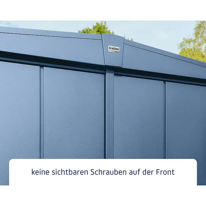 EcoStar Gerätehaus Elegant-S Typ 2 - Außenbreite inkl. Dachüberstand: 258,8 cm, Außentiefe inkl. Dachüberstand: 247,7 cm, Taubenblau, Doppeltür - Ansicht eines EcoStar Geräteschuppens mit unsichtbaren Schrauben, der ein sauberes Erscheinungsbild und eine hohe Stabilität bietet.