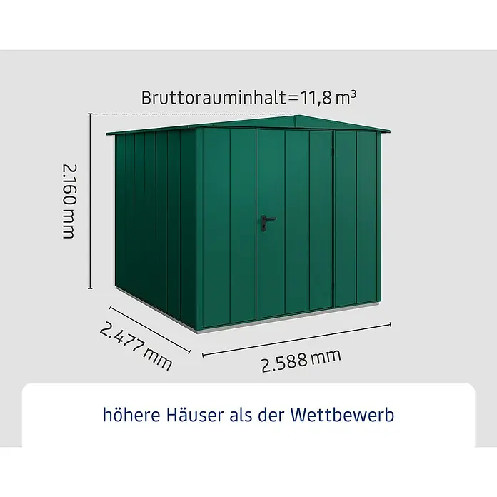 EcoStar Gerätehaus Elegant-S Typ 2 - Außenbreite inkl. Dachüberstand: 258,8 cm, Außentiefe inkl. Dachüberstand: 247,7 cm, Moosgrün, Einzeltür - Abbildung eines grünen Gerätehauses mit den Maßen 2.160 mm Höhe, 2.477 mm Tiefe und 2.588 mm Breite, Bruttorauminhalt 11,8 m³.
