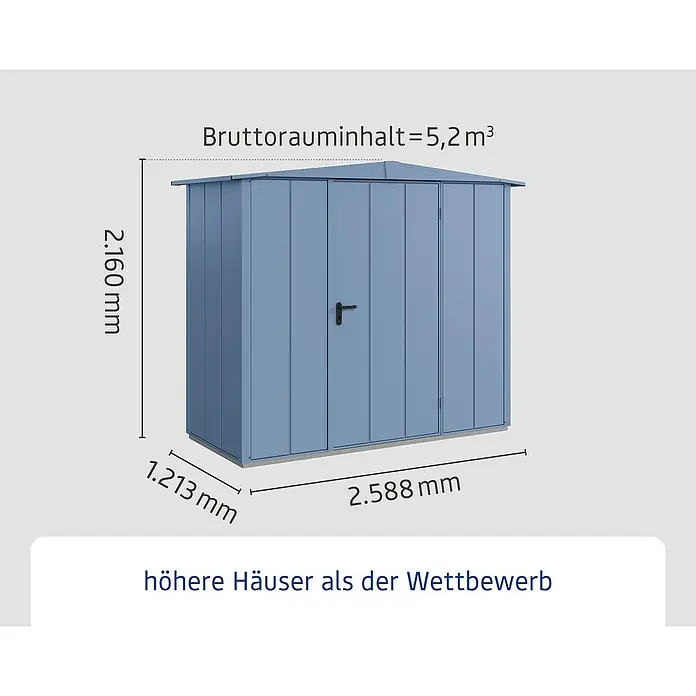 EcoStar Gerätehaus Elegant-S Typ 1 - Außenbreite inkl. Dachüberstand: 258,8 cm, Außentiefe inkl. Dachüberstand: 121,3 cm, Taubenblau, Einzeltür - Abbildung eines Gerätehauses mit den Maßen 2.160 mm Höhe, 1.213 mm Tiefe und 2.588 mm Breite, Bruttorauminhalt 5,2 m³.