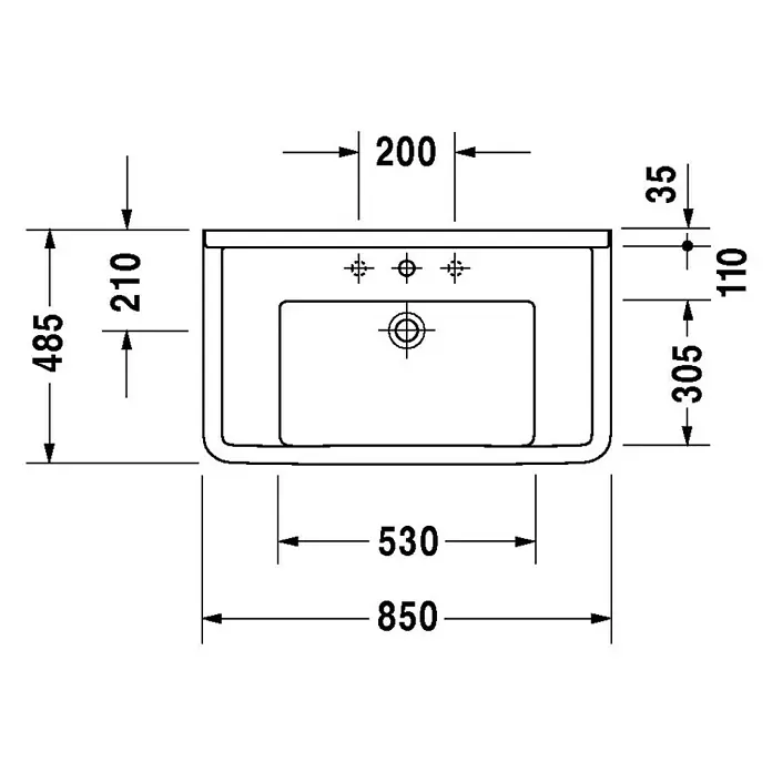 Duravit Starck 3 Waschtisch Typ 1 - 85 x 48,5 cm, Mit schmutzabweisender Glasur, Hahnloch: Mitte, Mit Überlauf, Weiß - Technische Zeichnung eines Waschbeckens mit verschiedenen Maßangaben. Die Maße betragen 850 x 485 mm.