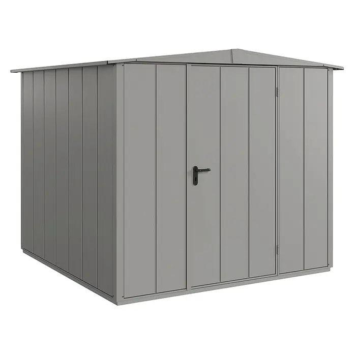 EcoStar Gerätehaus Elegant-S Typ 2 - Außenbreite inkl. Dachüberstand: 258,8 cm, Außentiefe inkl. Dachüberstand: 247,7 cm, Grau, Einzeltür - Abbildung eines grauen Metall-Gartenschuppens mit Doppeltür und Griff. Ideal für die Aufbewahrung von Gartengeräten.