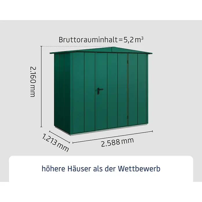 EcoStar Gerätehaus Elegant-S Typ 1 - Außenbreite inkl. Dachüberstand: 258,8 cm, Außentiefe inkl. Dachüberstand: 121,3 cm, Moosgrün, Einzeltür - Abbildung eines dunkelgrünen Gartenhauses mit den Maßen 2.160 mm Höhe, 1.213 mm Breite und 2.588 mm Länge, Bruttorauminhalt 5,2 m³.