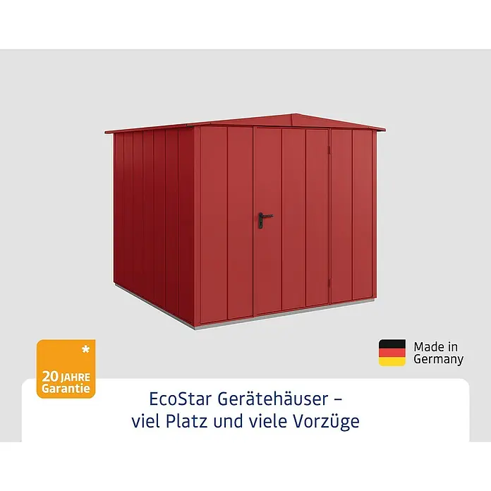 EcoStar Gerätehaus Elegant-S Typ 2 - Außenbreite inkl. Dachüberstand: 258,8 cm, Außentiefe inkl. Dachüberstand: 247,7 cm, Purpurrot, Einzeltür - EcoStar Gerätehaus: Robuster Geräteschuppen für den Garten, ideal zur Aufbewahrung von Werkzeugen und Gartengeräten.