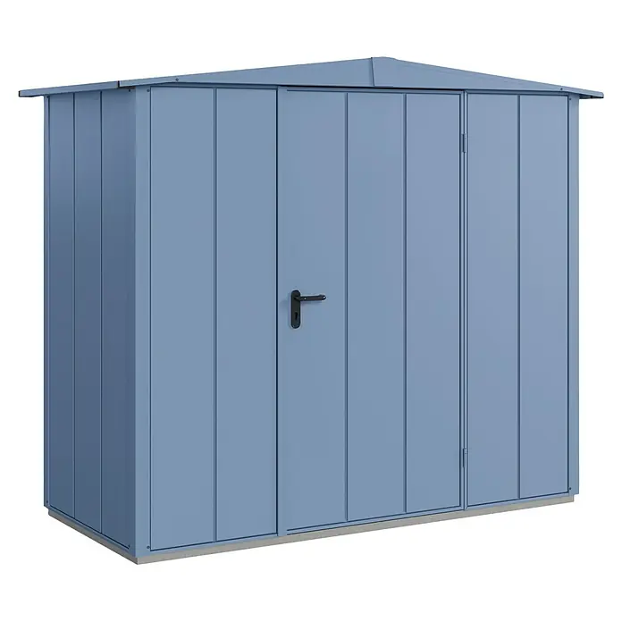 EcoStar Gerätehaus Elegant-S Typ 1 - Außenbreite inkl. Dachüberstand: 258,8 cm, Außentiefe inkl. Dachüberstand: 121,3 cm, Taubenblau, Einzeltür - Ein geräumiges, blaues Gartenhaus mit Doppeltür und stabilen Paneelen bietet idealen Stauraum für Gartengeräte und Werkzeuge.