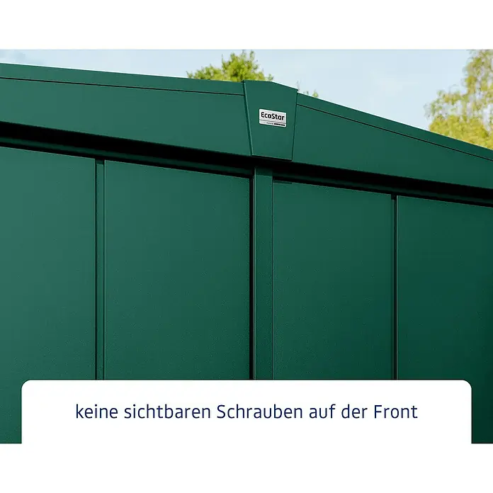 EcoStar Gerätehaus Elegant-S Typ 2 - Außenbreite inkl. Dachüberstand: 258,8 cm, Außentiefe inkl. Dachüberstand: 247,7 cm, Moosgrün, Doppeltür - Nahaufnahme eines EcoStar-Gerätehauses in Grün mit dem Fokus auf die nahtlose, schraubenlose Front, die für ein modernes Erscheinungsbild sorgt.