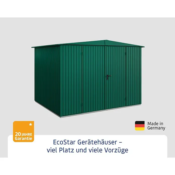 EcoStar Gerätehaus Trend-S Typ 3 - Außenbreite inkl. Dachüberstand: 323,6 cm, Außentiefe inkl. Dachüberstand: 247,7 cm, Moosgrün, Doppeltür - Abbildung eines EcoStar Gerätehauses in Grün mit Doppelttür und 20 Jahre Garantie. Made in Germany.
