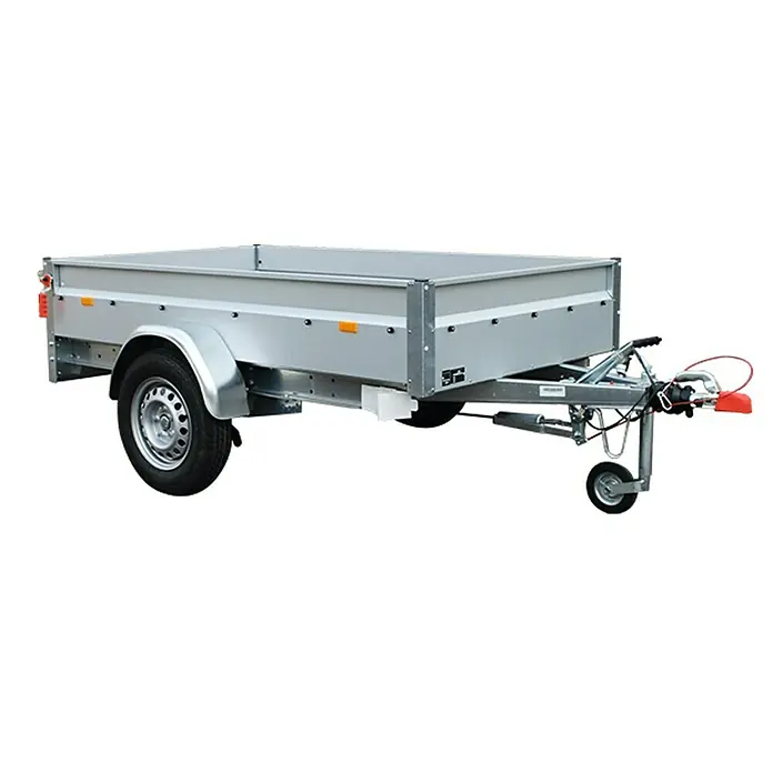 Stema Anhänger BASIC STL 1000-21-13 - Nutzlast: 781 kg, Einachser, Kasteninnenmaß: 210 x 128 x 35 cm, Gebremst - Bild eines silbernen Anhängers mit Rädern, der für den Transport von Gütern oder Gepäck verwendet werden kann.