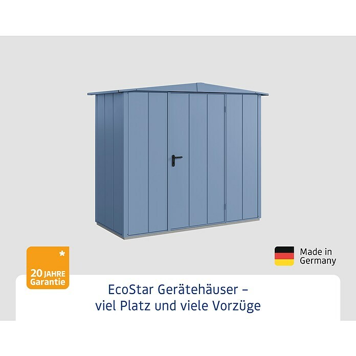 EcoStar Gerätehaus Elegant-S Typ 1Außenbreite inkl. Dachüberstand: 258,8 cm, Außentiefe inkl. Dachüberstand: 121,3 cm, Taubenblau, Einzeltür Info