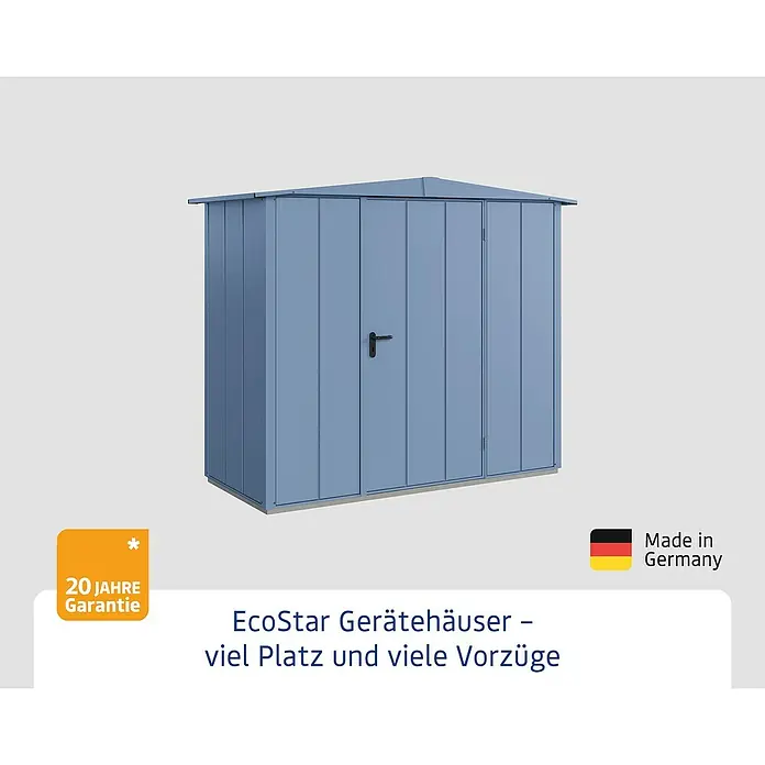 EcoStar Gerätehaus Elegant-S Typ 1 - Außenbreite inkl. Dachüberstand: 258,8 cm, Außentiefe inkl. Dachüberstand: 121,3 cm, Taubenblau, Einzeltür - Abbildung eines EcoStar Gerätehauses mit viel Platz und vielen Vorzügen, hergestellt in Deutschland.