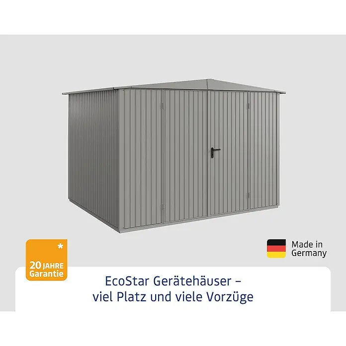 EcoStar Gerätehaus Trend-S Typ 3 - Außenbreite inkl. Dachüberstand: 323,6 cm, Außentiefe inkl. Dachüberstand: 247,7 cm, Grau, Doppeltür - Abbildung eines grauen EcoStar Gerätehauses mit Doppeltür. Es bietet viel Stauraum und ist ein Qualitätsprodukt.