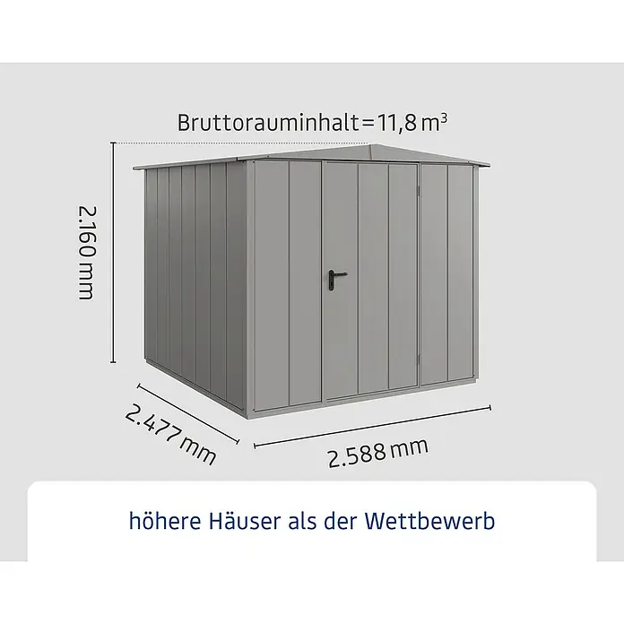 EcoStar Gerätehaus Elegant-S Typ 2 - Außenbreite inkl. Dachüberstand: 258,8 cm, Außentiefe inkl. Dachüberstand: 247,7 cm, Grau, Einzeltür - Abbildung eines grauen Gerätehauses mit den Maßen 2.160 mm Höhe, 2.477 mm Breite und 2.588 mm Tiefe. Das Bruttorauminhalt beträgt 11,8 m³.