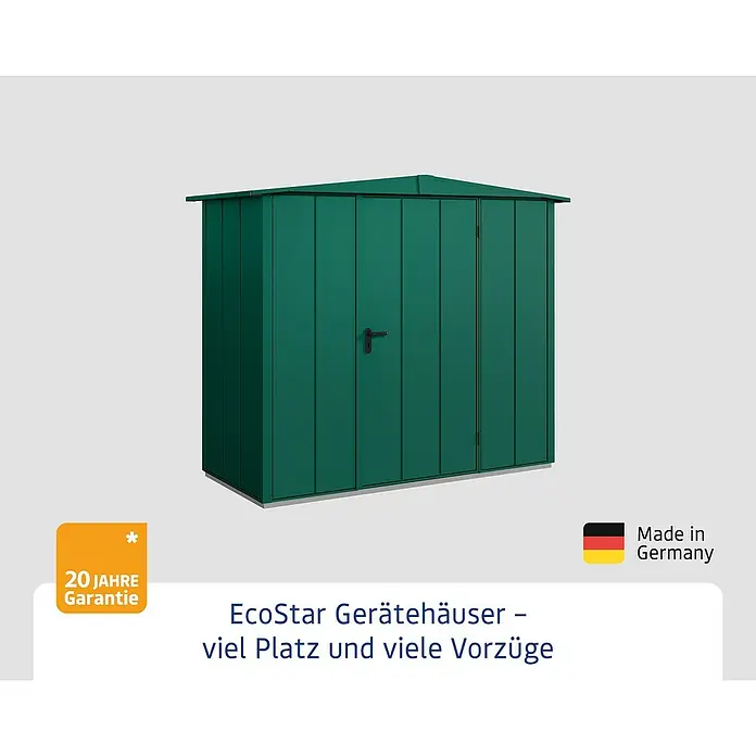 EcoStar Gerätehaus Elegant-S Typ 1 - Außenbreite inkl. Dachüberstand: 258,8 cm, Außentiefe inkl. Dachüberstand: 121,3 cm, Moosgrün, Einzeltür - Gartenhaus EcoStar: Viel Platz und viele Vorteile. Hergestellt in Deutschland mit 20 Jahren Garantie.