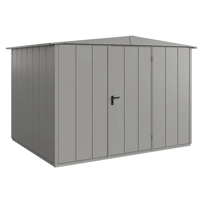EcoStar Gerätehaus Elegant-S Typ 3 - Außenbreite inkl. Dachüberstand: 323,6 cm, Außentiefe inkl. Dachüberstand: 247,7 cm, Grau, Einzeltür - Metall Gerätehaus in Grau mit Doppeltür und Griff. Die ideale wetterfeste Lagerlösung für den Garten, bietet viel Stauraum für Gartengeräte.