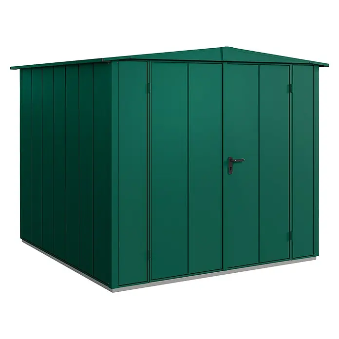 EcoStar Gerätehaus Elegant-S Typ 2 - Außenbreite inkl. Dachüberstand: 258,8 cm, Außentiefe inkl. Dachüberstand: 247,7 cm, Moosgrün, Doppeltür - Ein grüner Metall-Geräteschuppen mit Doppeltür und einem schwarzen Türgriff. Ideal für die Gartenaufbewahrung von Werkzeugen und Geräten.
