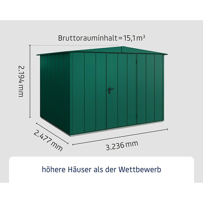EcoStar Gerätehaus Elegant-S Typ 3 (Außenbreite inkl. Dachüberstand: 323,6 cm, Außentiefe inkl. Dachüberstand: 247,7 cm, Moosgrün, Einzeltür) | BAUHAUS