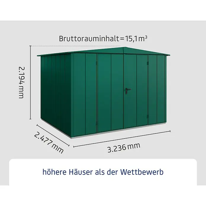 EcoStar Gerätehaus Elegant-S Typ 3 - Außenbreite inkl. Dachüberstand: 323,6 cm, Außentiefe inkl. Dachüberstand: 247,7 cm, Moosgrün, Doppeltür - Abbildung eines grünen Gerätehauses mit den Maßen 2.194 mm Höhe, 2.477 mm Breite und 3.236 mm Länge. Das Bruttorauminhalt beträgt 15,1 m³.