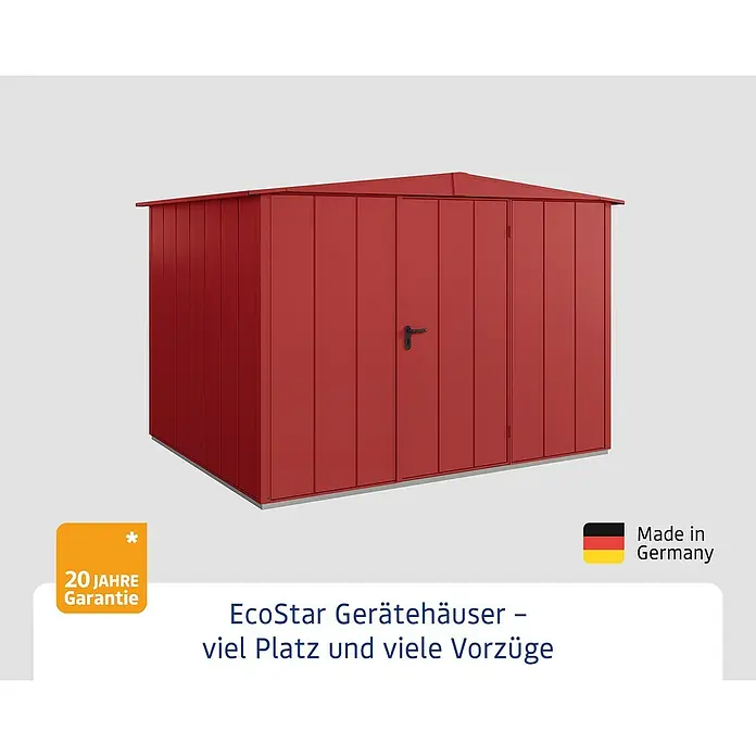 EcoStar Gerätehaus Elegant-S Typ 3 - Außenbreite inkl. Dachüberstand: 323,6 cm, Außentiefe inkl. Dachüberstand: 247,7 cm, Purpurrot, Einzeltür - Abbildung eines roten EcoStar Gerätehauses, bekannt für viel Platz und zahlreiche Vorzüge, hergestellt in Deutschland.