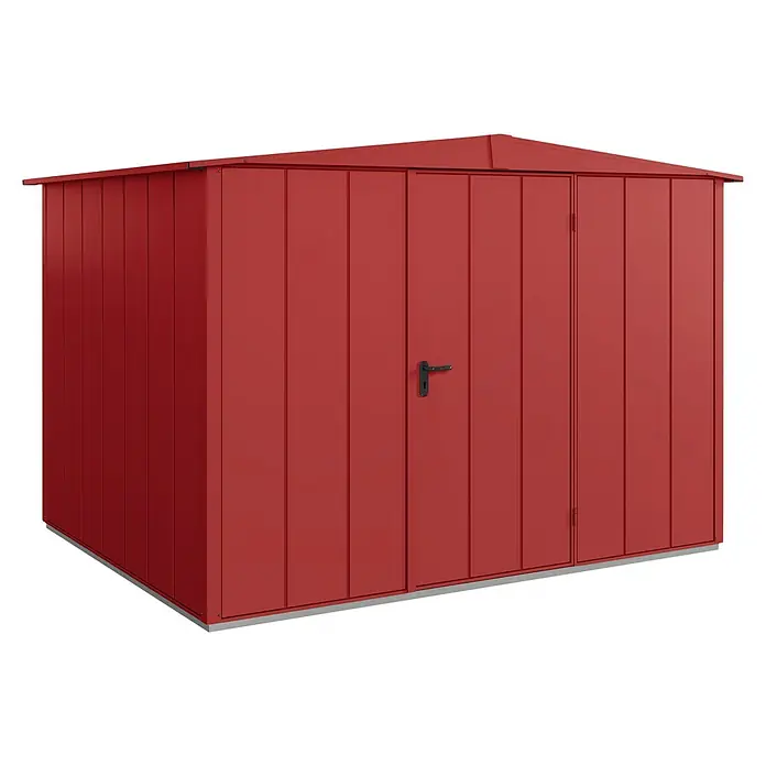 EcoStar Gerätehaus Elegant-S Typ 3 - Außenbreite inkl. Dachüberstand: 323,6 cm, Außentiefe inkl. Dachüberstand: 247,7 cm, Purpurrot, Einzeltür - Roter Metall-Gartenschuppen mit Doppeltür und Griff, ideal zur Aufbewahrung von Gartengeräten und Werkzeugen im Außenbereich.