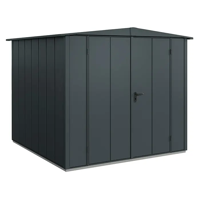 EcoStar Gerätehaus Elegant-S Typ 2 - Außenbreite inkl. Dachüberstand: 258,8 cm, Außentiefe inkl. Dachüberstand: 247,7 cm, Anthrazitgrau, Doppeltür - Ein geräumiger, anthrazitfarbener Metallgartenhaus mit Doppeltür und einem praktischen Griff für einfachen Zugang zum Aufbewahren von Gartengeräten.
