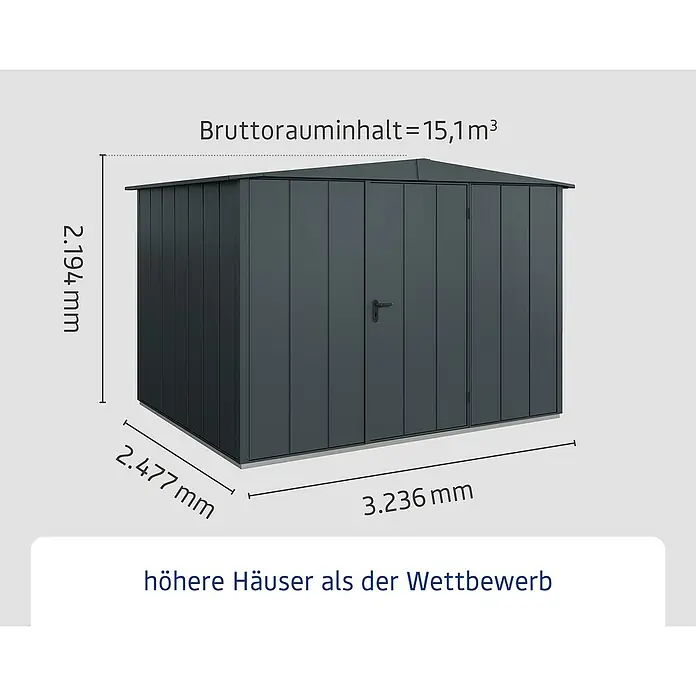EcoStar Gerätehaus Elegant-S Typ 3 - Außenbreite inkl. Dachüberstand: 323,6 cm, Außentiefe inkl. Dachüberstand: 247,7 cm, Anthrazitgrau, Einzeltür - Abbildung eines Gerätehauses mit den Maßen 2.194 mm Höhe, 2.477 mm Tiefe, 3.236 mm Breite und einem Bruttorauminhalt von 15,1 m³.