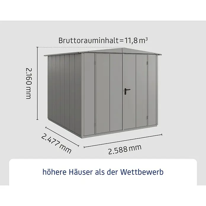 EcoStar Gerätehaus Elegant-S Typ 2 - Außenbreite inkl. Dachüberstand: 258,8 cm, Außentiefe inkl. Dachüberstand: 247,7 cm, Grau, Doppeltür - Bild einer Gerätehaus-Außenansicht mit Maßangaben zu Höhe, Breite und Rauminhalt.