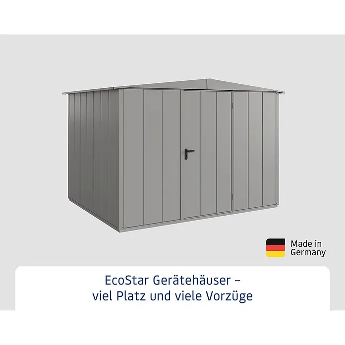 EcoStar Gerätehaus Elegant-S Typ 3 - Außenbreite inkl. Dachüberstand: 323,6 cm, Außentiefe inkl. Dachüberstand: 247,7 cm, Grau, Einzeltür - Abbildung eines Gerätehauses mit Doppeltür und einem Aufkleber "Made in Germany".
