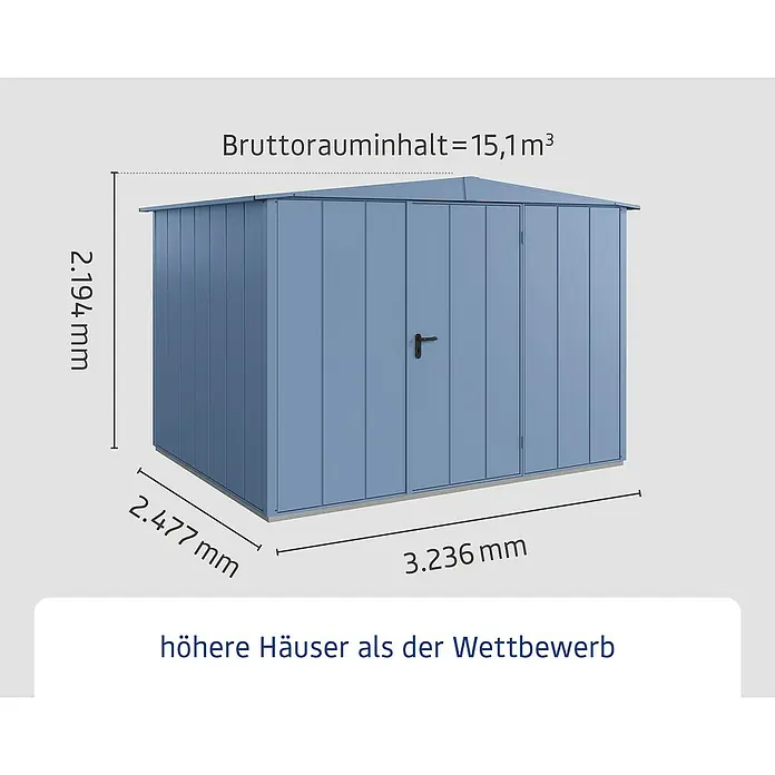 EcoStar Gerätehaus Elegant-S Typ 3 - Außenbreite inkl. Dachüberstand: 323,6 cm, Außentiefe inkl. Dachüberstand: 247,7 cm, Taubenblau, Einzeltür - Abbildung eines Gerätehauses mit den Maßen 2.194 mm Höhe, 2.477 mm Breite, 3.236 mm Länge und einem Bruttorauminhalt von 15,1 m³.