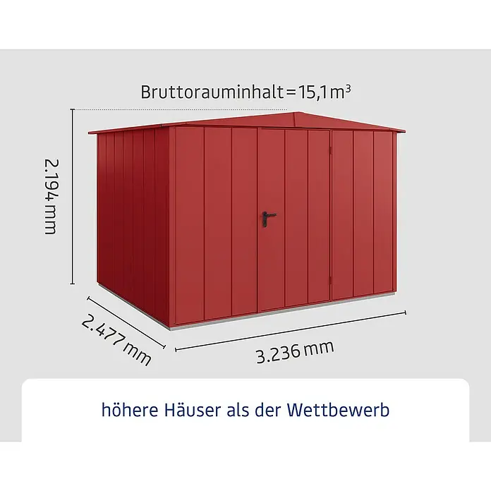 EcoStar Gerätehaus Elegant-S Typ 3 - Außenbreite inkl. Dachüberstand: 323,6 cm, Außentiefe inkl. Dachüberstand: 247,7 cm, Purpurrot, Einzeltür - Abbildung eines Gerätehauses mit den Maßen 2.194 mm Höhe, 2.477 mm Breite und 3.236 mm Länge, Bruttorauminhalt 15,1 m³.