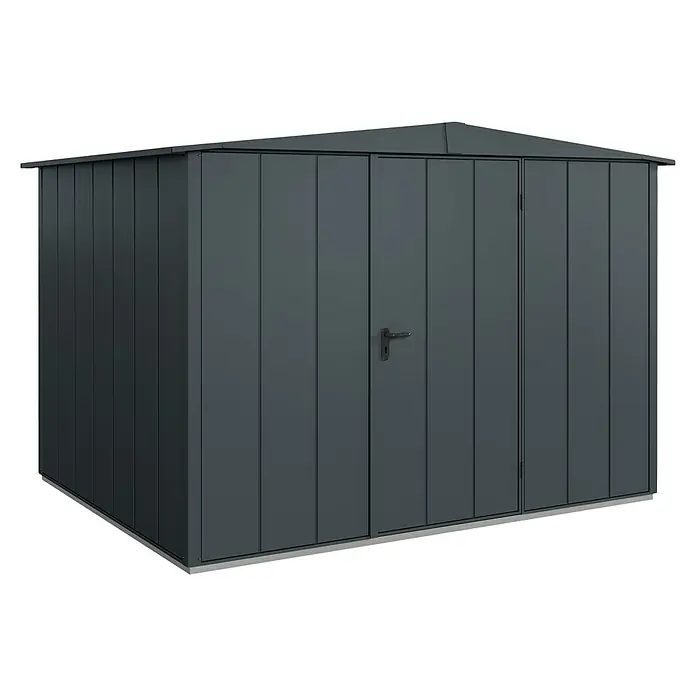 EcoStar Gerätehaus Elegant-S Typ 3 - Außenbreite inkl. Dachüberstand: 323,6 cm, Außentiefe inkl. Dachüberstand: 247,7 cm, Anthrazitgrau, Einzeltür - Ein dunkles Gerätehaus mit Doppeltüren und einem Griff in der Mitte. Ideal für die Gartenaufbewahrung.
