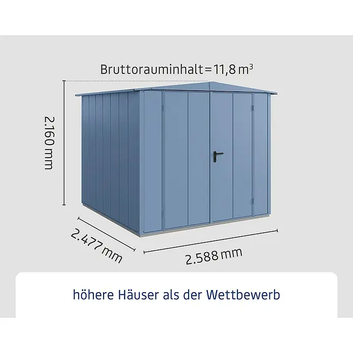 EcoStar Gerätehaus Elegant-S Typ 2 - Außenbreite inkl. Dachüberstand: 258,8 cm, Außentiefe inkl. Dachüberstand: 247,7 cm, Taubenblau, Doppeltür - Abbildung eines Gerätehauses mit den Maßen 2.160 mm Höhe, 2.477 mm Breite und 2.588 mm Tiefe. Das Bruttorauminhalt beträgt 11,8 m³.