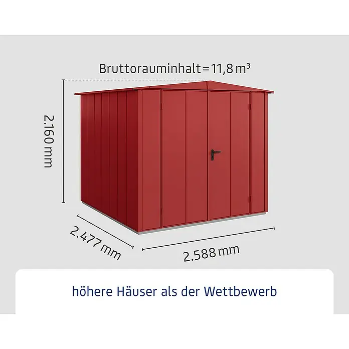 EcoStar Gerätehaus Elegant-S Typ 2 - Außenbreite inkl. Dachüberstand: 258,8 cm, Außentiefe inkl. Dachüberstand: 247,7 cm, Purpurrot, Doppeltür - Abbildung eines roten Gerätehauses mit den Maßen 2,160 mm Höhe, 2,477 mm Tiefe und 2,588 mm Breite, Bruttorauminhalt 11,8 m³.