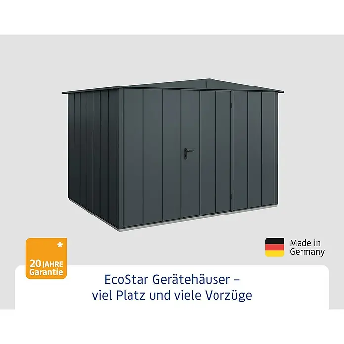 EcoStar Gerätehaus Elegant-S Typ 3 - Außenbreite inkl. Dachüberstand: 323,6 cm, Außentiefe inkl. Dachüberstand: 247,7 cm, Anthrazitgrau, Einzeltür - Abbildung eines grauen EcoStar Gerätehauses mit Doppeltür und 20 Jahren Garantie. Made in Germany.