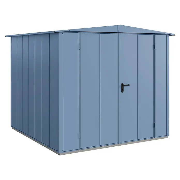 EcoStar Gerätehaus Elegant-S Typ 2 - Außenbreite inkl. Dachüberstand: 258,8 cm, Außentiefe inkl. Dachüberstand: 247,7 cm, Taubenblau, Doppeltür - Stahlgartenhaus in Blau, ein robustes und langlebiges Gartenhaus für die Aufbewahrung von Gartengeräten und Werkzeugen.