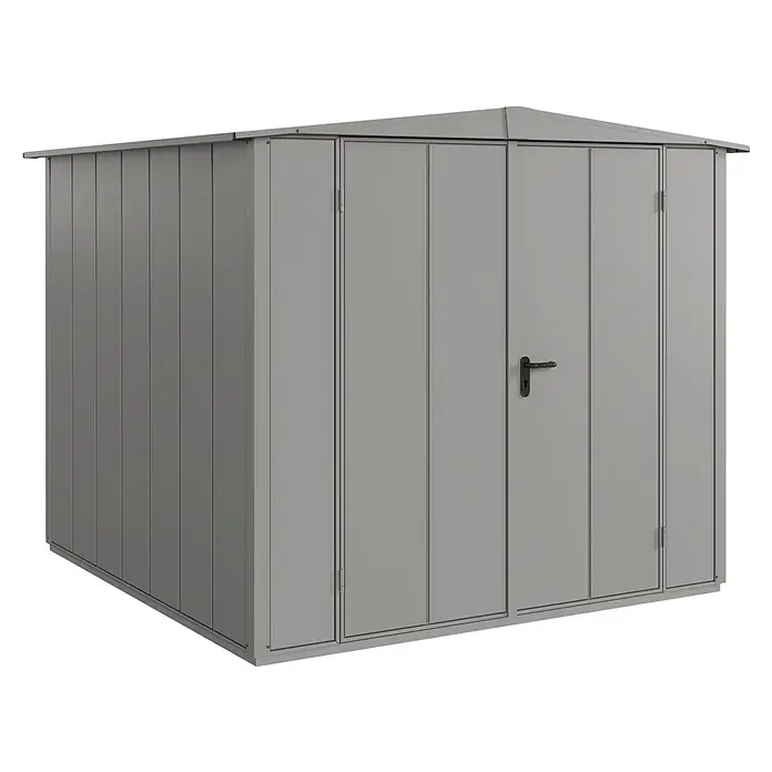 EcoStar Gerätehaus Elegant-S Typ 2 - Außenbreite inkl. Dachüberstand: 258,8 cm, Außentiefe inkl. Dachüberstand: 247,7 cm, Grau, Doppeltür - Metallgartenhaus in Grau mit Doppeltür und Griff, ideal für die Aufbewahrung von Gartengeräten und -möbeln. Langlebig und wetterfest.