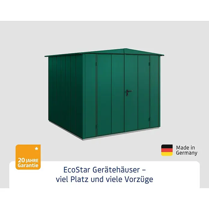 EcoStar Gerätehaus Elegant-S Typ 2 - Außenbreite inkl. Dachüberstand: 258,8 cm, Außentiefe inkl. Dachüberstand: 247,7 cm, Moosgrün, Doppeltür - Abbildung eines EcoStar Gerätehauses in Grün. Dieses Gartenhaus bietet viel Platz und ist "Made in Germany".