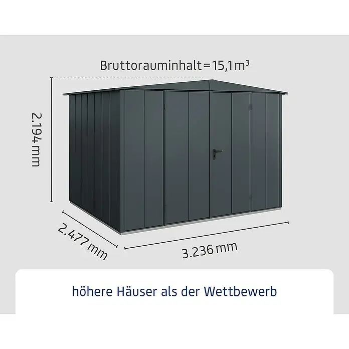 EcoStar Gerätehaus Elegant-S Typ 3 - Außenbreite inkl. Dachüberstand: 323,6 cm, Außentiefe inkl. Dachüberstand: 247,7 cm, Anthrazitgrau, Doppeltür - Abbildung eines Gerätehauses mit den Maßen 2.194 mm Höhe, 2.477 mm Breite und 3.236 mm Länge. Bruttorauminhalt: 15,1 m³.