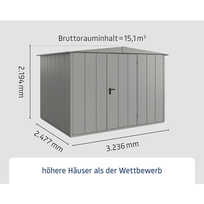 EcoStar Gerätehaus Elegant-S Typ 3 (Außenbreite inkl. Dachüberstand: 323,6 cm, Außentiefe inkl. Dachüberstand: 247,7 cm, Grau, Einzeltür) | BAUHAUS