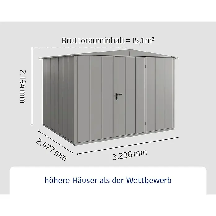 EcoStar Gerätehaus Elegant-S Typ 3 - Außenbreite inkl. Dachüberstand: 323,6 cm, Außentiefe inkl. Dachüberstand: 247,7 cm, Grau, Einzeltür - Bild einer grauen Gartenbox mit den Maßen 2.194 mm Höhe, 2.477 mm Breite und 3.236 mm Länge. Bruttorauminhalt beträgt 15,1 m³.