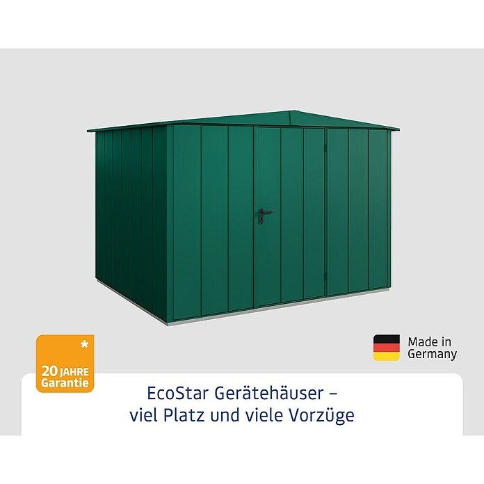 EcoStar Gerätehaus Elegant-S Typ 3 (Außenbreite inkl. Dachüberstand: 323,6 cm, Außentiefe inkl. Dachüberstand: 247,7 cm, Moosgrün, Einzeltür) | BAUHAUS