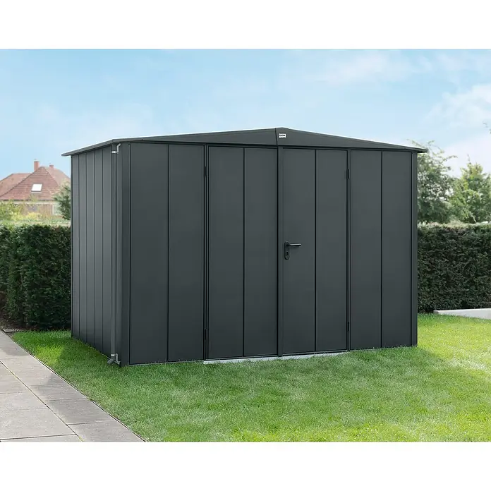 EcoStar Gerätehaus Elegant-S Typ 3 - Außenbreite inkl. Dachüberstand: 323,6 cm, Außentiefe inkl. Dachüberstand: 247,7 cm, Anthrazitgrau, Doppeltür - Das geräumige Gerätehaus bietet sicheren Stauraum für Gartengeräte und Werkzeuge. Praktisch und robust für jeden Garten.