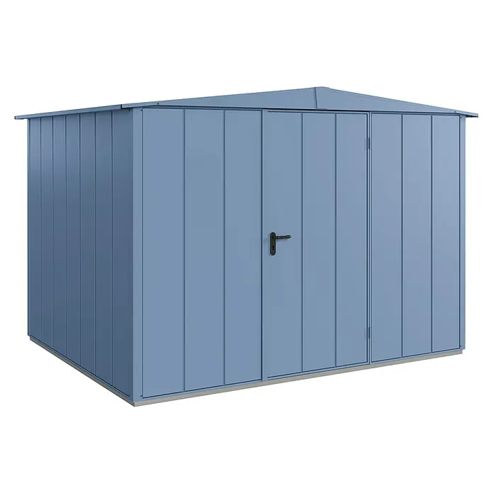 EcoStar Gerätehaus Elegant-S Typ 3 - Außenbreite inkl. Dachüberstand: 323,6 cm, Außentiefe inkl. Dachüberstand: 247,7 cm, Taubenblau, Einzeltür - Stabiler Gerätehaus aus Metall in Blau. Das Gartenhaus verfügt über eine Doppeltür mit Griff und ein schlichtes Design.