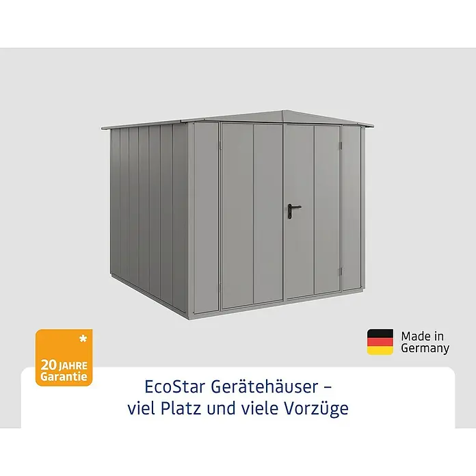 EcoStar Gerätehaus Elegant-S Typ 2 - Außenbreite inkl. Dachüberstand: 258,8 cm, Außentiefe inkl. Dachüberstand: 247,7 cm, Grau, Doppeltür - Abbildung eines EcoStar Gerätehauses in Grau, das viel Stauraum bietet und mit 20 Jahren Garantie und "Made in Germany"-Qualität überzeugt.