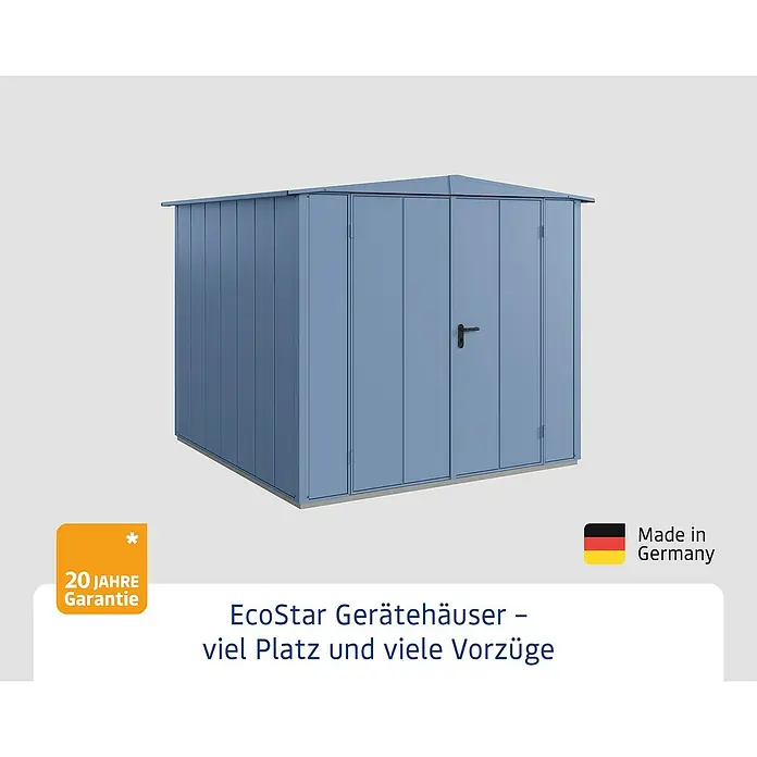 EcoStar Gerätehaus Elegant-S Typ 2 - Außenbreite inkl. Dachüberstand: 258,8 cm, Außentiefe inkl. Dachüberstand: 247,7 cm, Taubenblau, Doppeltür - Abbildung eines blauen EcoStar Gerätehauses mit viel Platz und einer 20 Jahre Garantie, hergestellt in Deutschland.